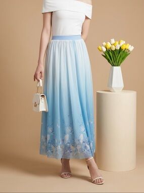 Light Blue Ombre Midi Skirt with Floral Detail